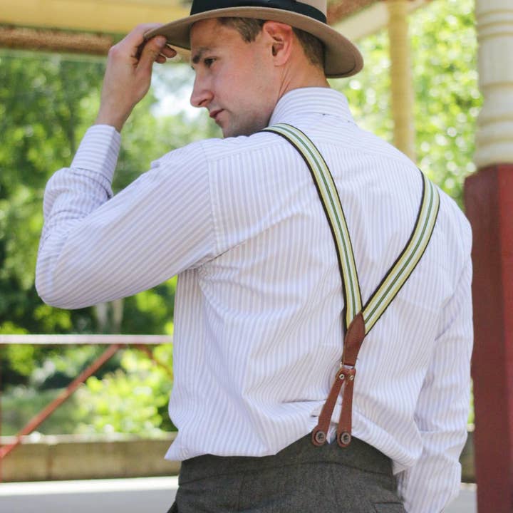 Revival Vintage Ltd – wholesale Suspenders – Unisex – Woven Khaki Green Trouser Braces - Tan Leather Loops