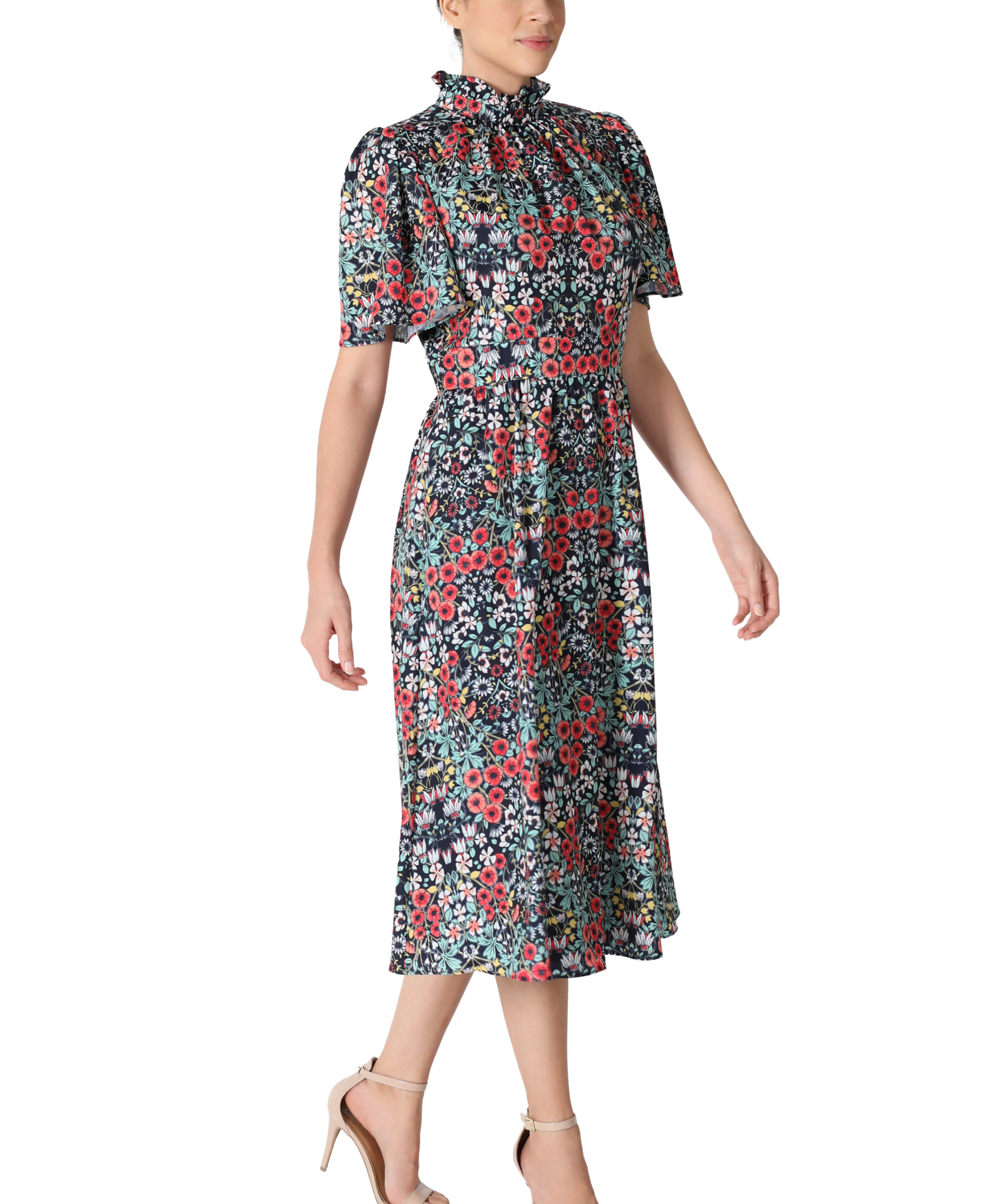 Navy Multi Ruffle Mock Neck Flutter Sleeves Dress for wholesale on Faire0