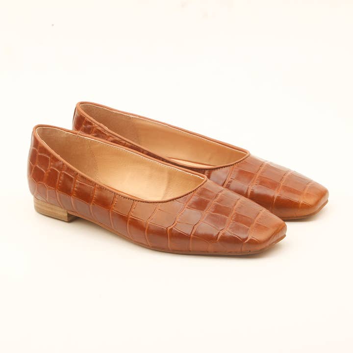 Square Ballet Flat - Tan Croc for wholesale by Millwoods Shoes