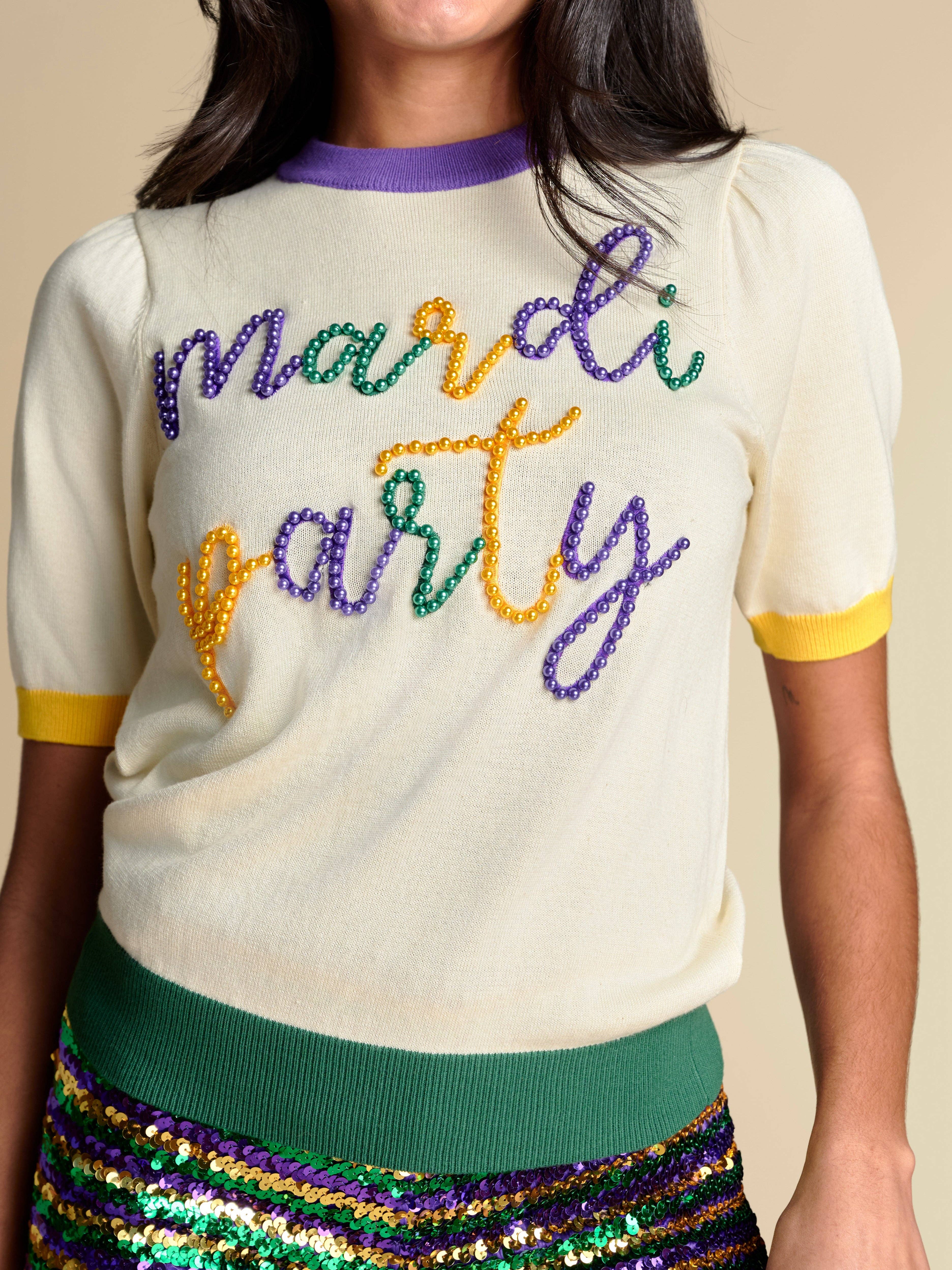 Stewart Simmons - Wholesale Knit Sweater - Women's - The Mardi Party Pearl Script Sweater1