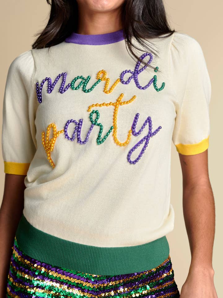Stewart Simmons - Wholesale Knit Sweater - Women's - The Mardi Party Pearl Script Sweater1