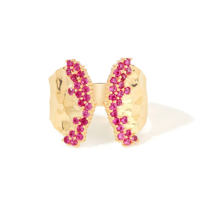 Tiramisu - Wholesale Cocktail/Statement Ring - Elegant Gold Plated Silver Created Ruby Accents Open Ring