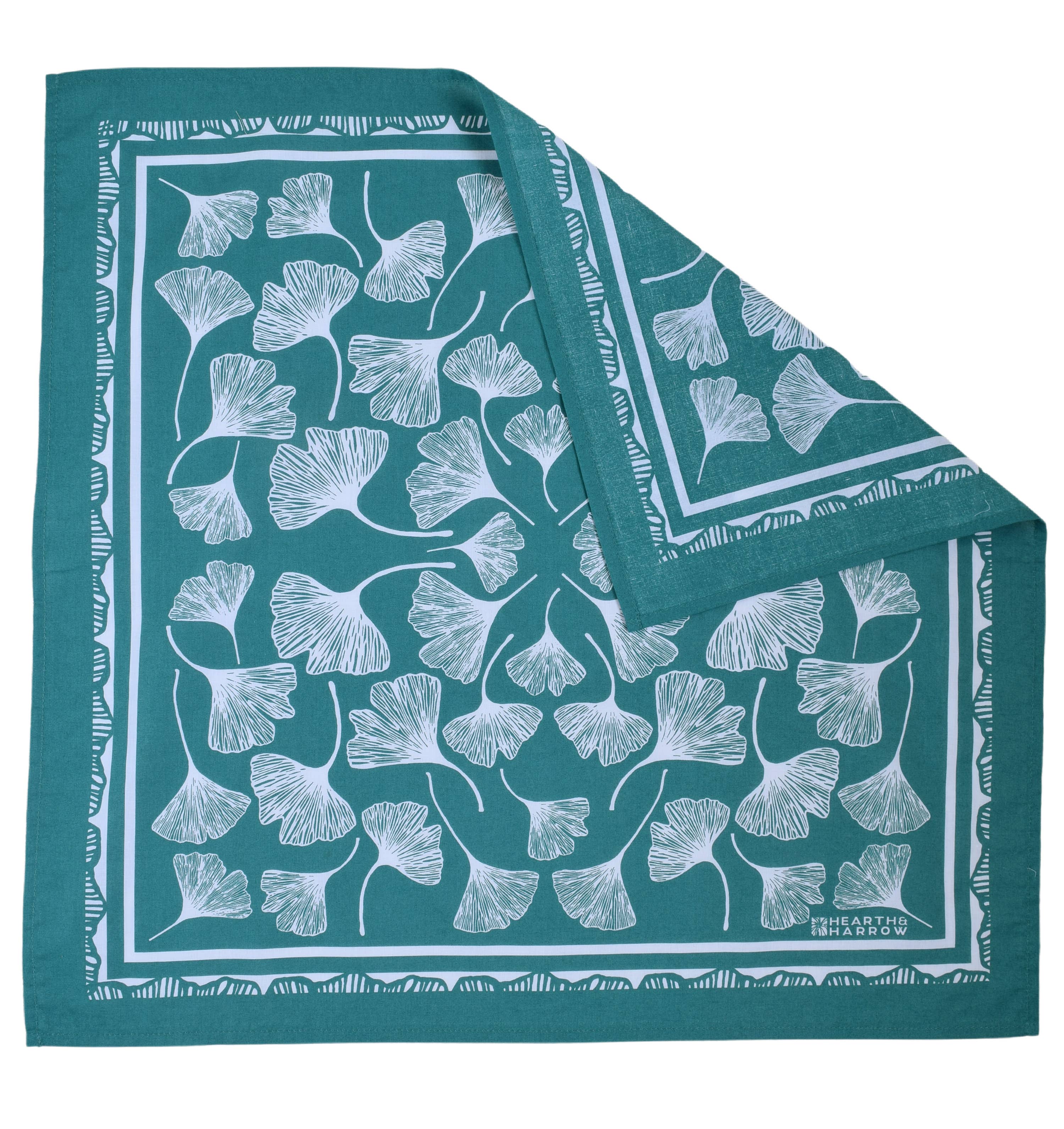 Hearth and Harrow - Wholesale Bandana - Unisex - Ginkgo Leaf Bandana - 100% Cotton - Hand Printed - Green1