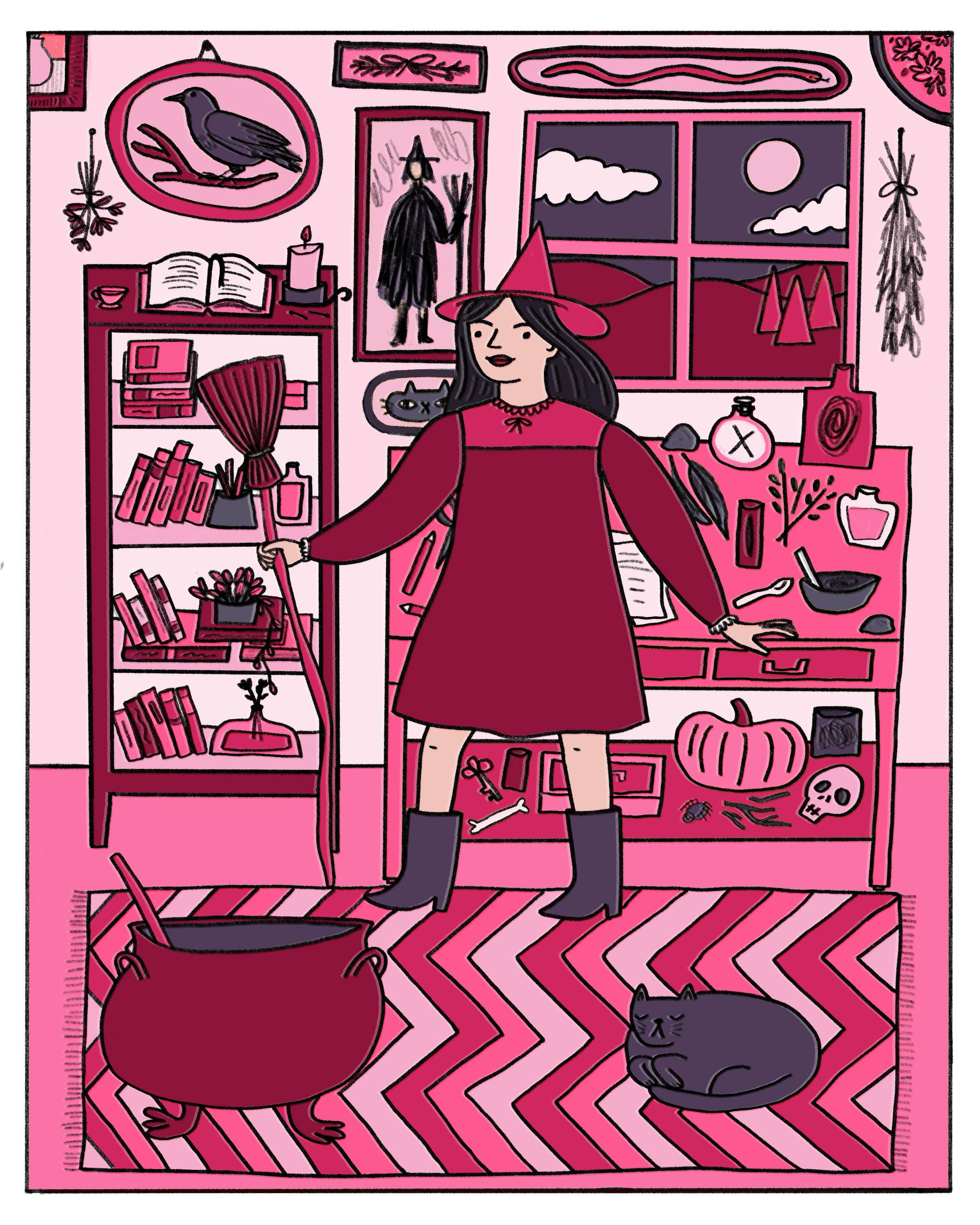 Aviate Press - Wholesale Art Print - Pink Witch Halloween Illustrated Print2