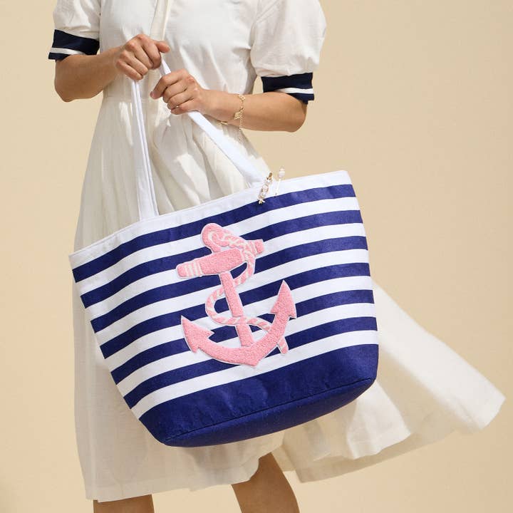 Lilla Haven - Wholesale Beach Bag - Terry Stripe Print and Anchor Patched Large Size Beach Tote1
