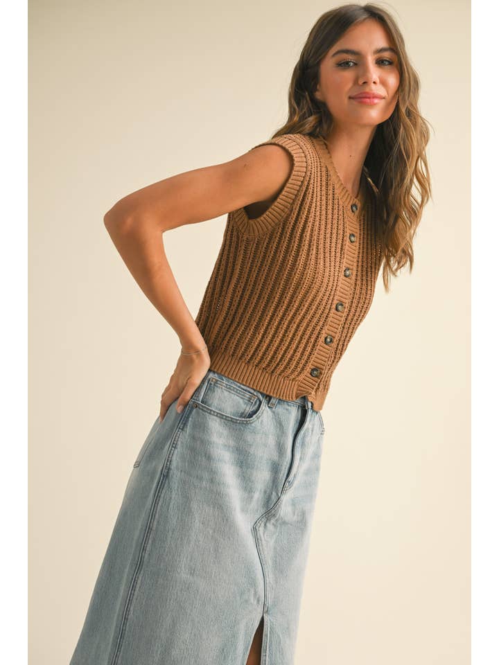 MIOU MUSE - Wholesale Sweater Vest - Women's - T4445 BUTTONDOWN CROCHET VEST