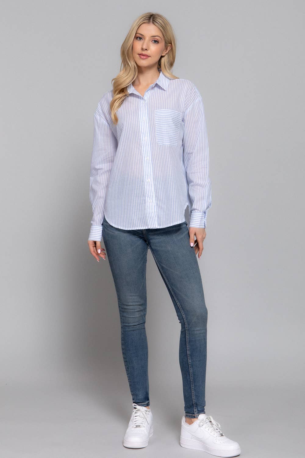 Active Basic | Active USA - Wholesale Button Down Shirt - Women's - Long Sleeve Y/D Stripe Voile Shirt4