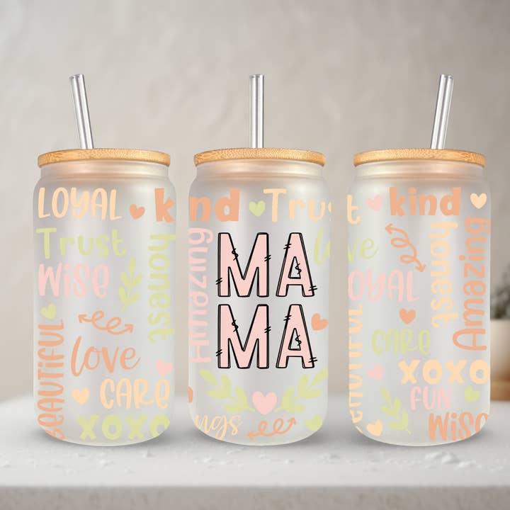SKS Design Studio - Wholesale Drinking Glass/Cup - Mama | 20 oz Glass Tumbler with Bamboo Lid & Straw