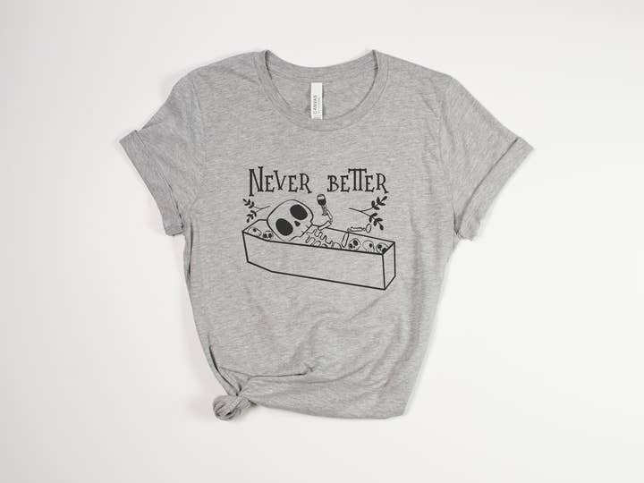 Stiles Tee Co. - Vente T-shirt à imprimés – unisexe - T-shirt Vintage Halloween – Tee-shirt Squelette Vin – Jamais Mieux4