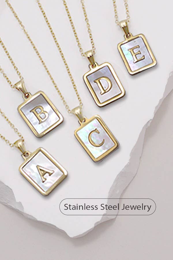 JOSSLYN by wall to wall - Wholesale Pendant/Charm Necklace - MOP  INITIAL STAINLESS STEEL TARNISH FREE NECKLACE | 40NK3147