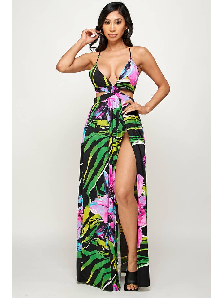 Black combo Flower Print Maxi Dress for wholesale on Faire1