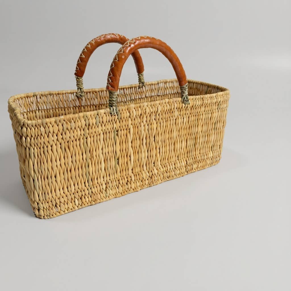 Brown Rectangular Reed Storage Basket Leather Handle Market Tote for wholesale on Faire1