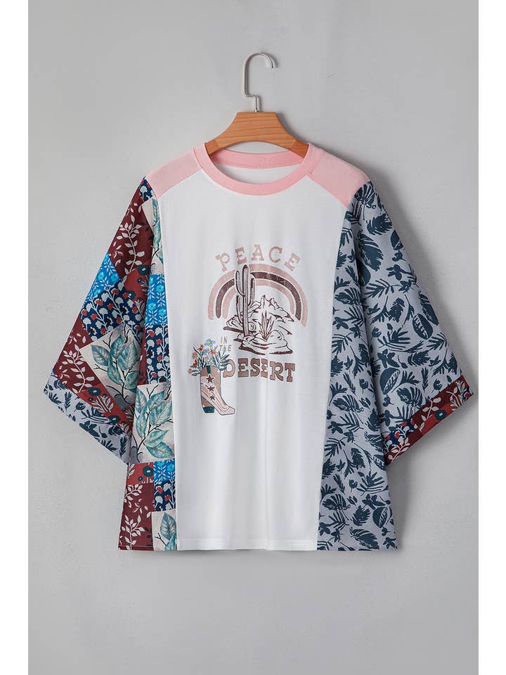 Multicolour LDC Asymmetric Patchwork Sleeve Peace Desert Graphic Tee for wholesale on Faire