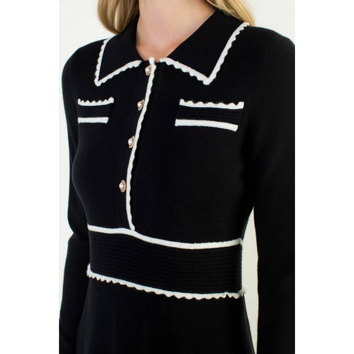 BLACK Long Sleeve Collared Knit Dress for wholesale on Faire3
