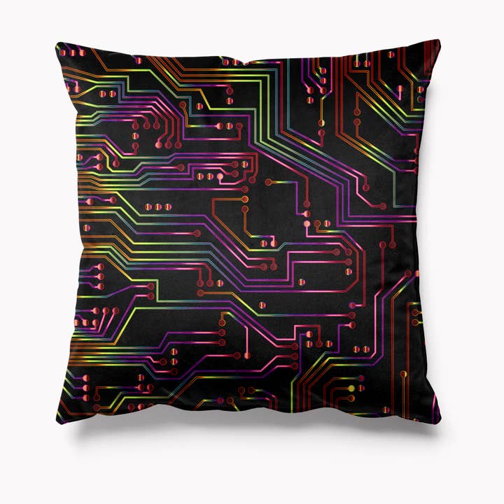Geek Rainbow Circuit Board Velvet Cushion for wholesale by Kitsch Republic