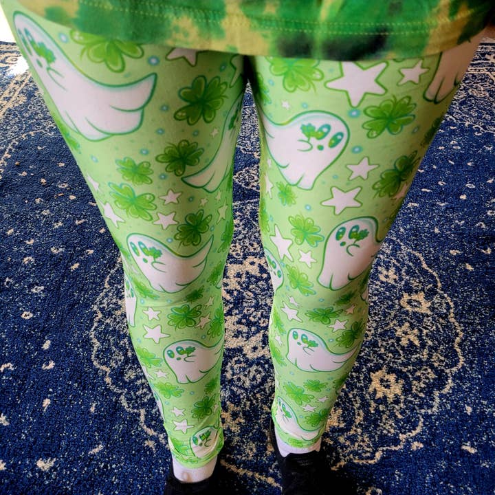 St Pat Ghosts (Semi-Exclusive) - Cartoon Shamrock St Patrick's Day Green High-quality Handcrafted Vibrant Leggings for wholesale by Beautifully Unique® Bootique