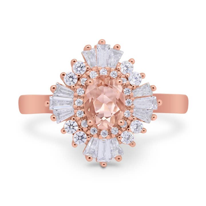 Anillo de boda vintage con halo ovalado, tono rosa, imitación de morganita cúbica para venta al por mayor de Blue Apple Imports
