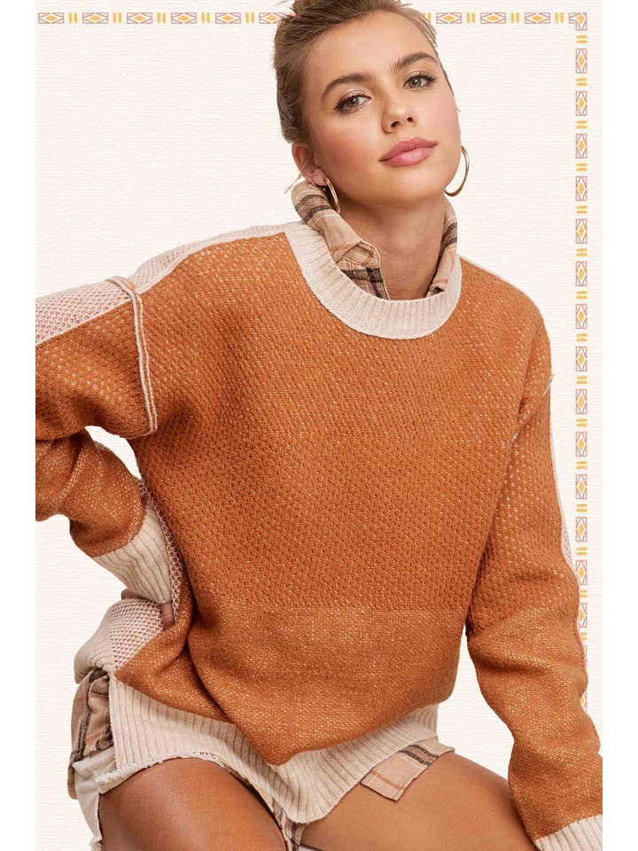La Miel - Wholesale Knit Sweater - Women's - MCS3556-Loose Fit Color Block Textured Round Neck Sweater