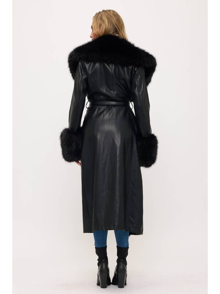 Coalition Apparel Inc - Wholesale Fur/faux fur coat – Women's - CLALC0156: Long Faux Leather & Fur Trim Coat2
