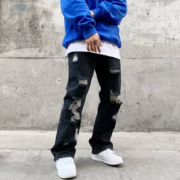 Nero Jeans strappati da uomo stile hip-hop con ricamo di lettere in vendita all'ingrosso su Faire2