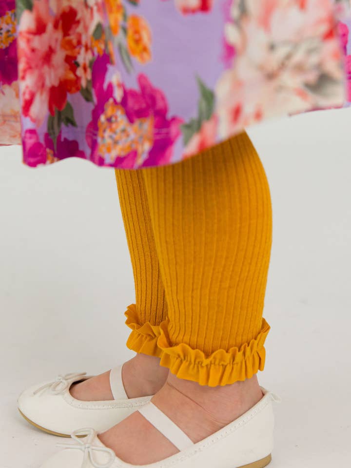 Jaune Collants sans pieds à volants en maille côtelée caramel pour filles en vente sur Faire3