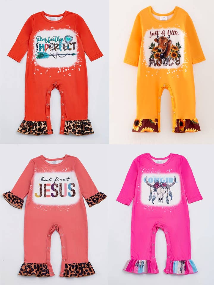4-teiliges Baby-Mädchen Herbst/Winter Brief Leopard O-Ausschnitt Rüschen Strampler-Set für den Großhandel von Rylee Faith Designs