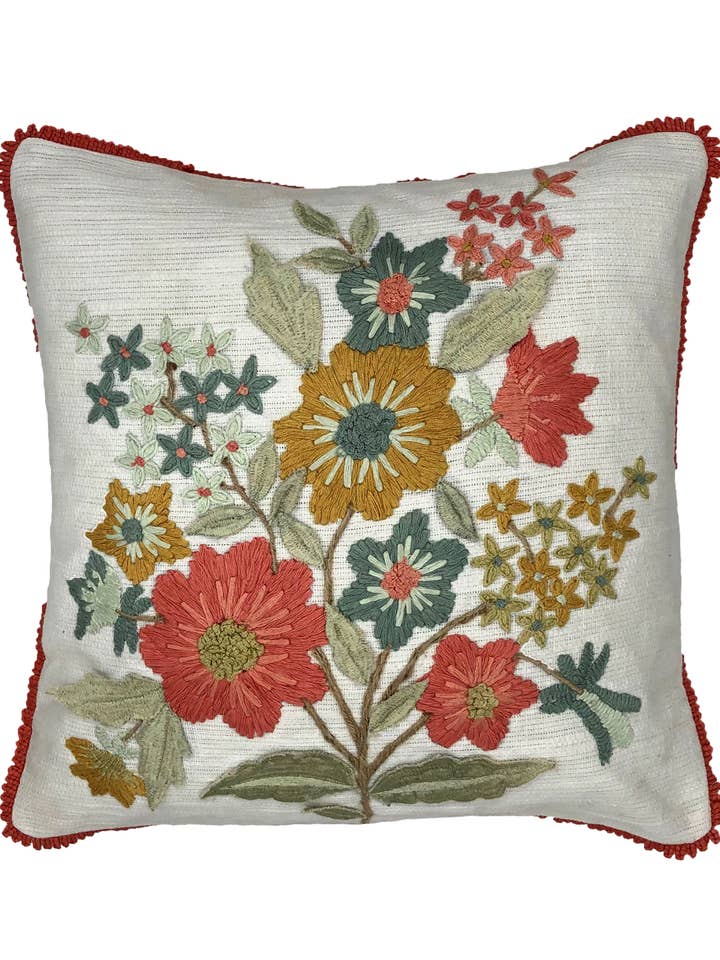 Almohada bordada ramo de flores de 18 pulgadas con flecos para venta al por mayor de Mod Lifestyles