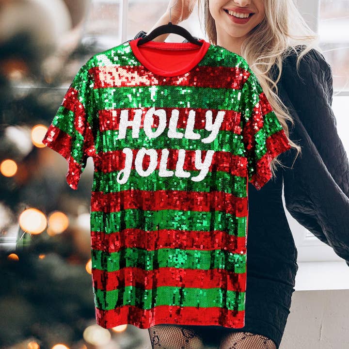 Wona Trading, Inc. - Wholesale T-Shirt - Women's - HOLLY JOLLY Message Christmas Sequin Jersey Top