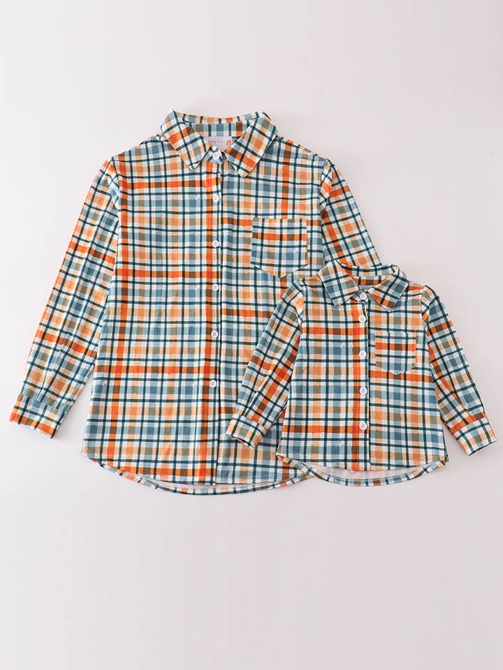 Green plaid dad&me button down shirt for wholesale by Aspen Rain Boutique