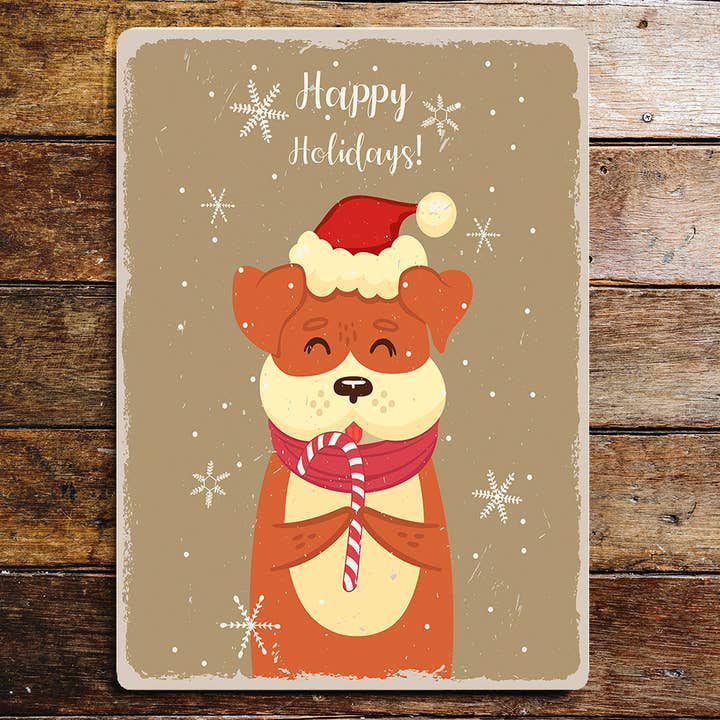 Placa metálica con texto en inglés «Happy Holidays Christmas Dog Red Hat» para venta al por mayor de The British Metal Signs Company