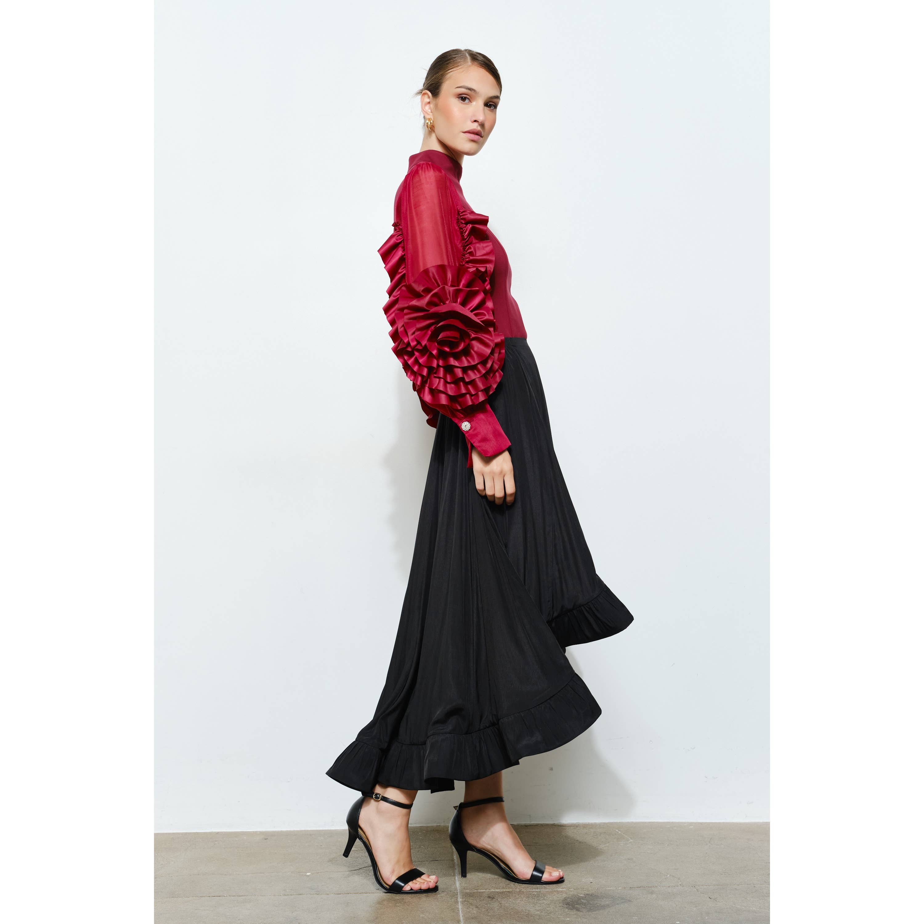 INA - Wholesale Blouse - Women's - Rosette Ruffle Sheer Sleeve Jersey Top13