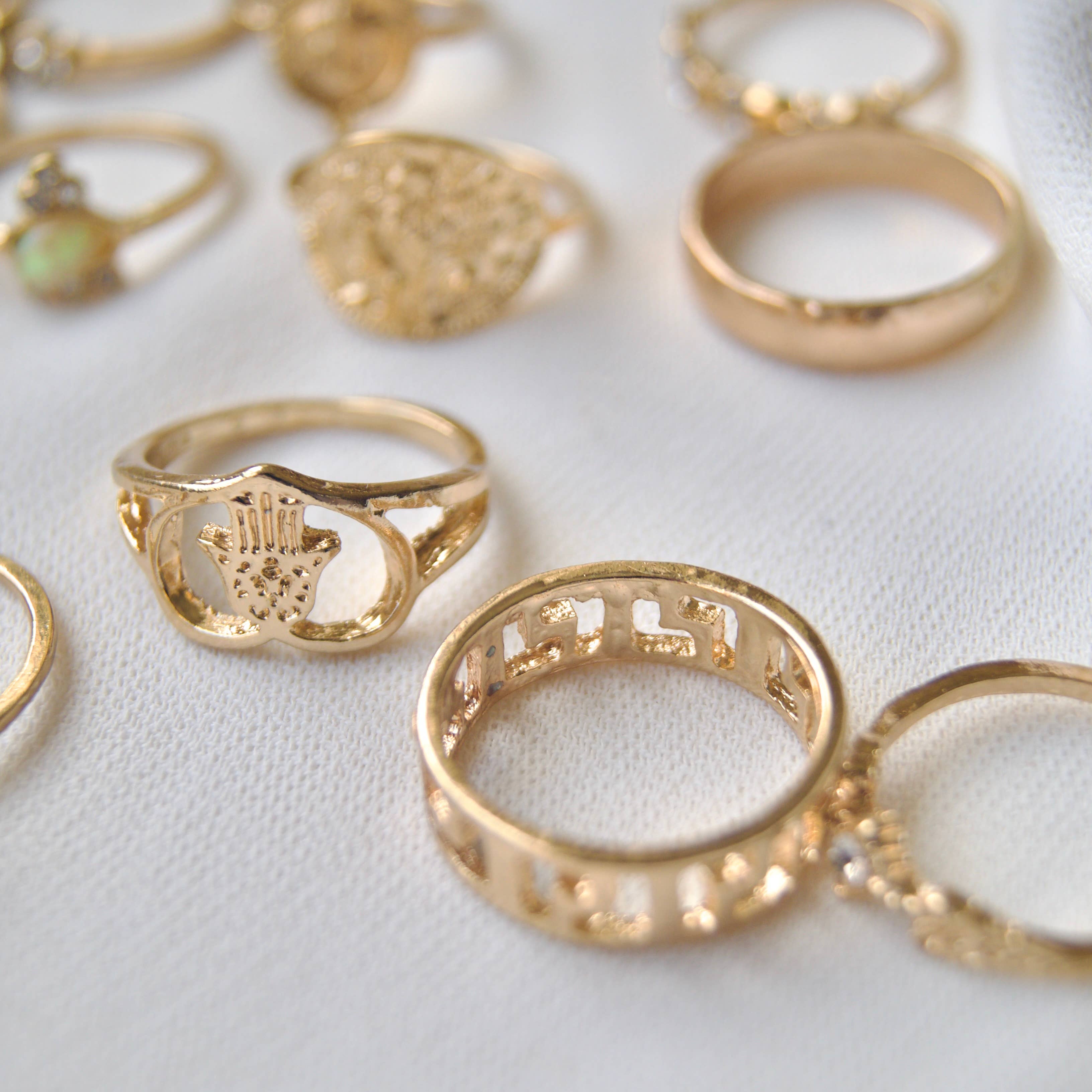 EAST INDIA IMPORTS - Wholesale Band/Stacked Ring - 15-Piece Matte Gold Fashion Ring Set with Opal Accents5