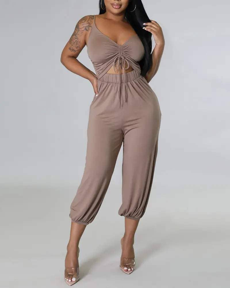 Queen Fashion - Wholesale Top & Skirt Set - Women's - drawstring spaghetti strap top harem pants set5