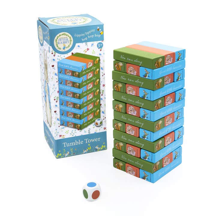 Peter Rabbit Tumble Tower-spel - Trästaplingsset med tärningar för wholesale av Robert Frederick Ltd