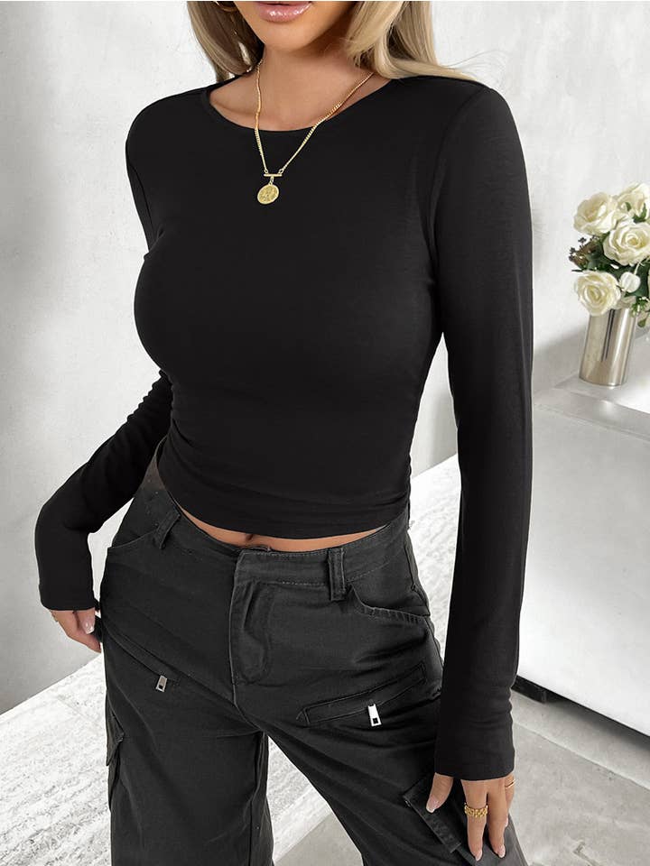 Black Casual Crewneck Slim-Fit Long-Sleeved Top for wholesale on Faire2