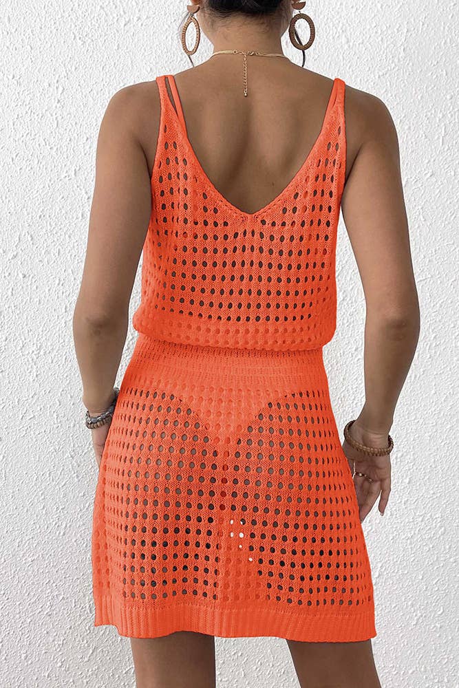 UNISHE - Wholesale Dress - Women's - Knit Waist-Tie Sleeveless Sexy Hollow-Out Beach Dress OYM15629