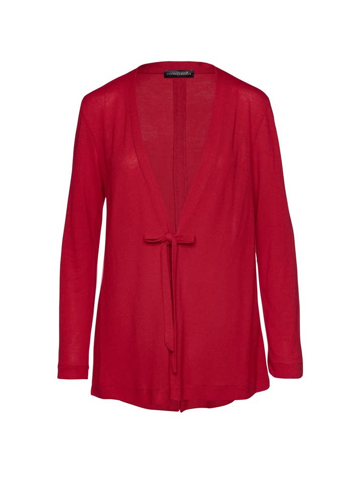 Cardigan rosso in lino aperto sul davanti per la vendita all'ingrosso da parte di conquista