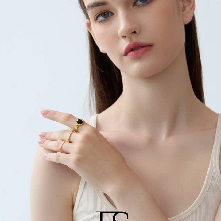 Furano Studio - Wholesale Signet Ring - Black Onyx Signet Ring, Non Tarnish Gold Signet Ring