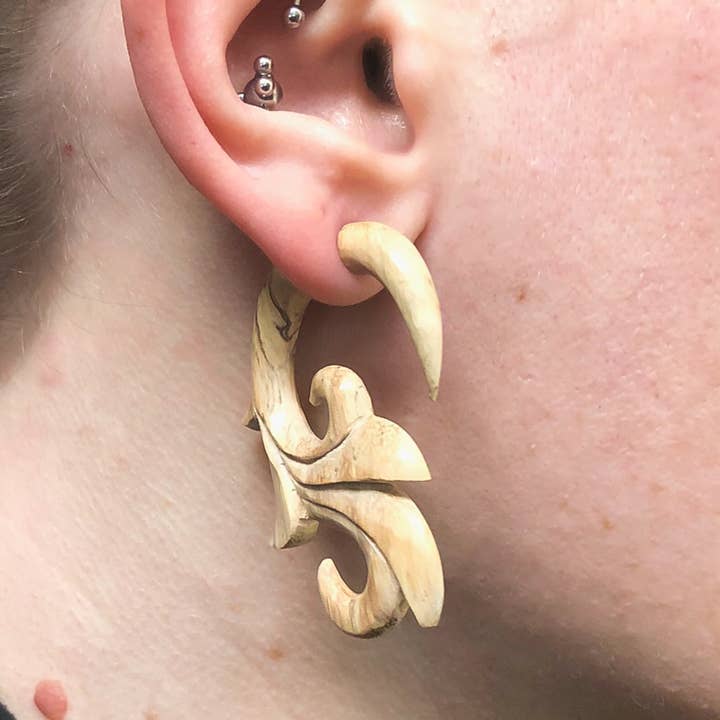 Ajmer by Jodi - Wholesale Dangle Earrings - Wood Fleur de Lis Faux Gauges ~ Fake gauged, carved wood