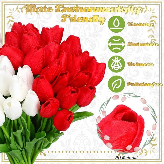 Crover - Wholesale Artificial Flowers - Real Touch Artificial Tulip Flower (Red & White)2