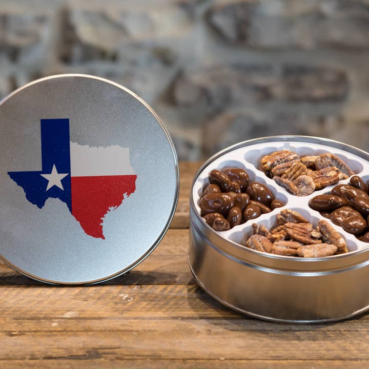Pride of Texas Tin for wholesale by Oliver Pecan Co.