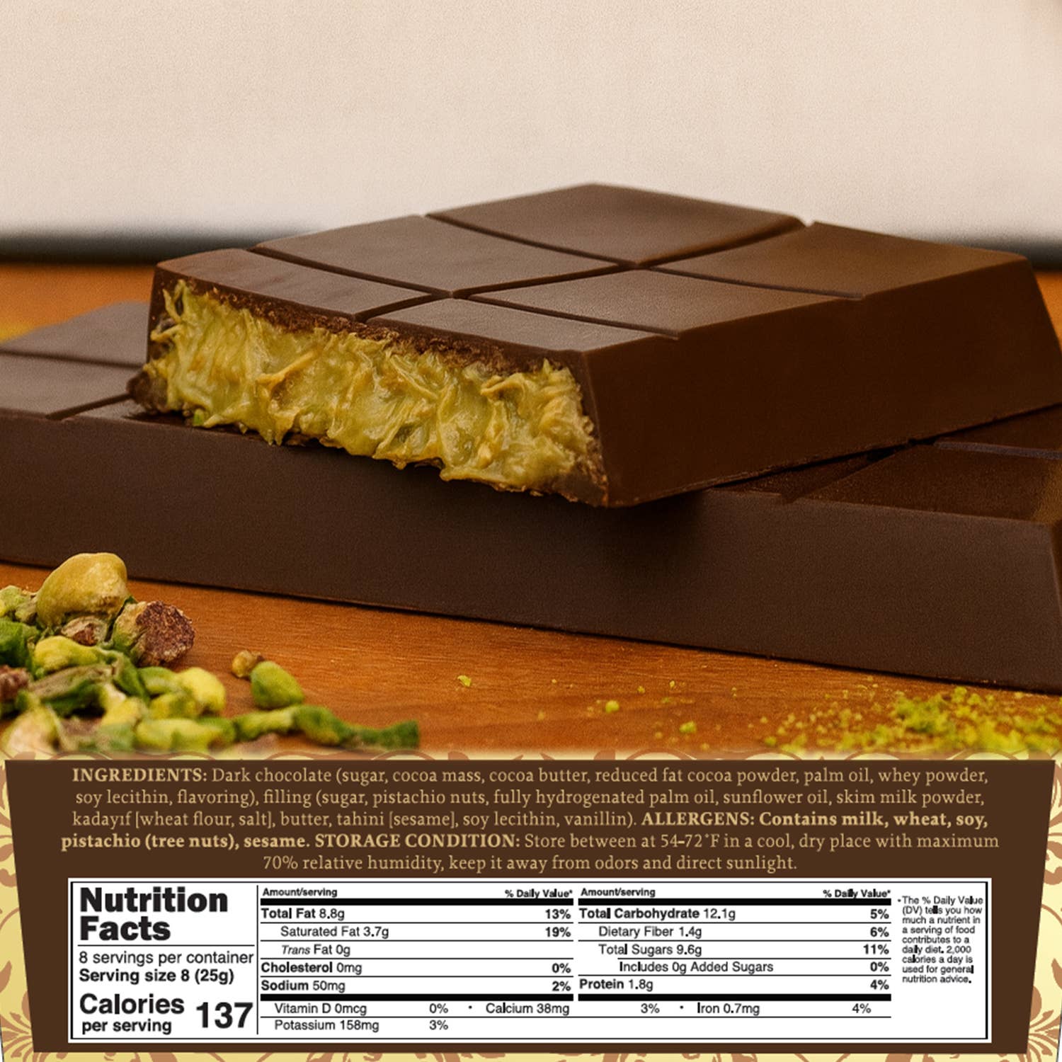 Ceres Gourmet - Wholesale Chocolate Bar -  7 oz Dark Dubai Chocolate Pistachio Bar & Gift-Ready Pack5