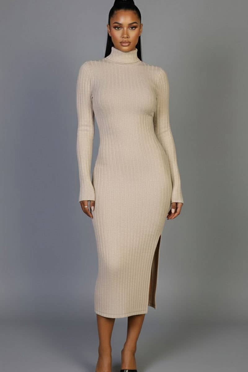 CAPELLA APPAREL - Wholesale Dress - Women's - Sweater-Knit Fuzzy Turtle Neck Split Thigh Dress0