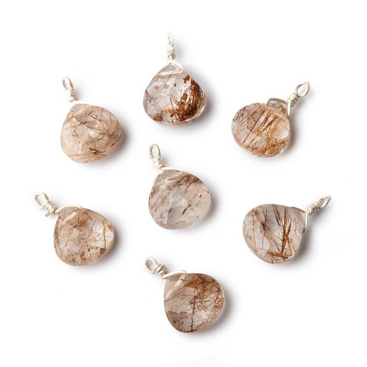 8mm Silver Wire Wrapped Rutilated Quartz Faceted Heart 1 Focal Pendant for wholesale by Beads of Cambay
