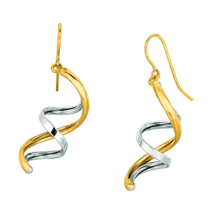 Orecchino a goccia fantasia a doppia fila lucido in oro giallo+bianco 14 carati per la vendita all'ingrosso da parte di The Diamond Deal