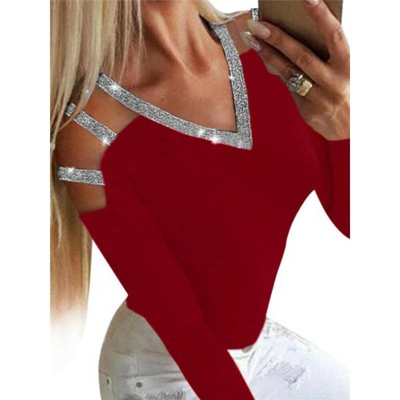 Mirazshoes WholeSale - Wholesale Blouse - Women's - Women's Sequin Embellished V-Neck Long-Sleeved Top Off-Shoulder T-Shirt3
