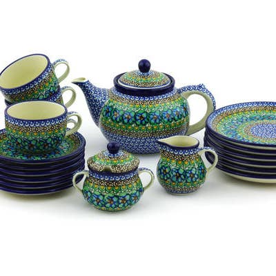 Service à thé ou à café pour six 40 oz Thème Mardi Gra UNIKAT pour la vente par Polmedia Polish Pottery