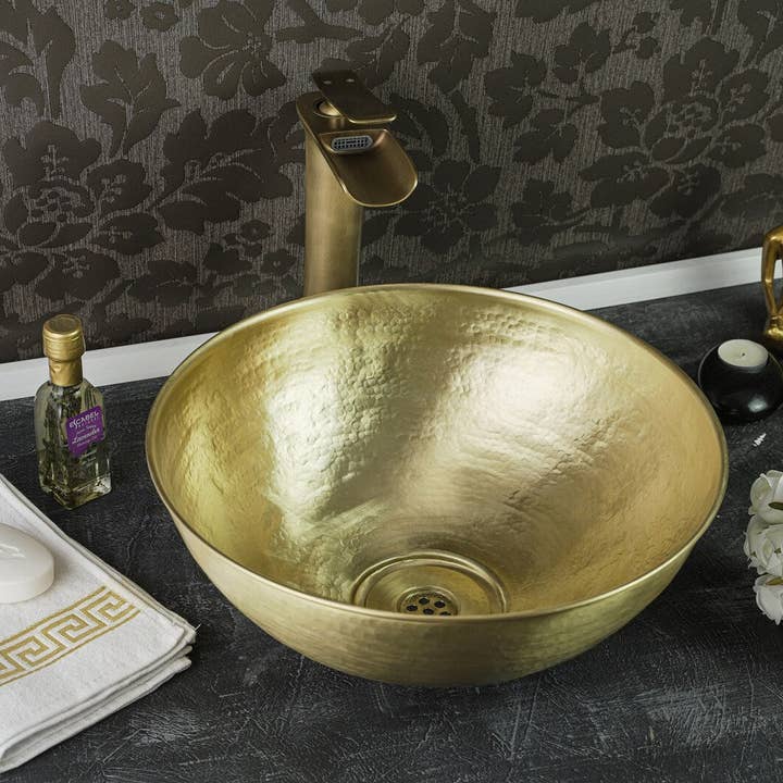 Lavabo da bagno in ottone massiccio opaco | Lavabo ovale in ottone martellato 16" x 16" x 5" *Tappo di scarico incluso* per la vendita all'ingrosso da parte di ALFIQ Copper