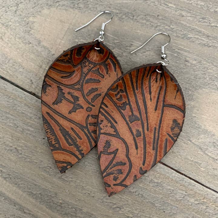 Whiskey Brown Floral Leather Earrings for wholesale by Jill's Jewels