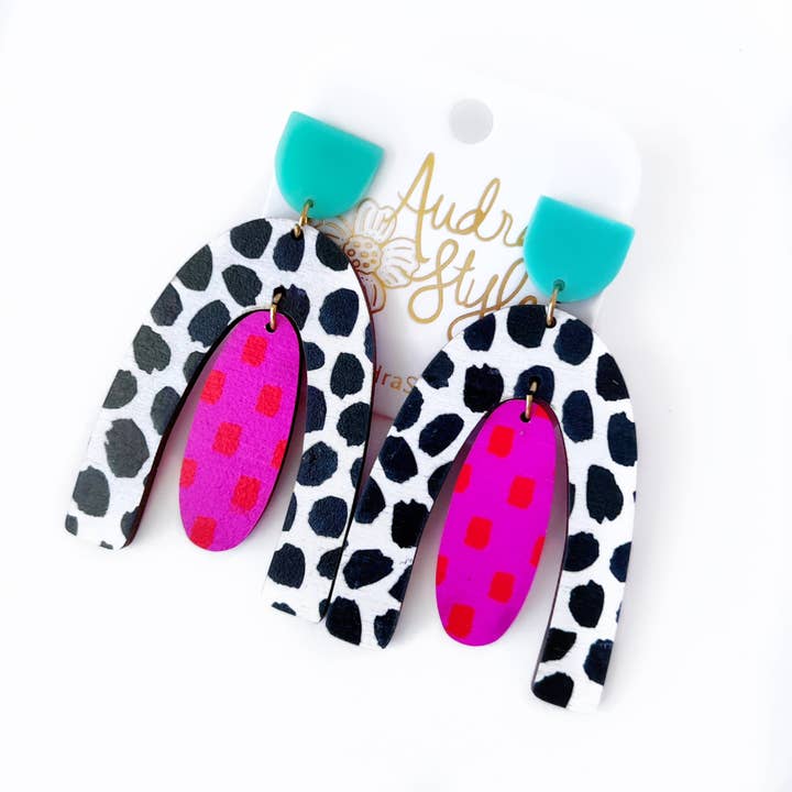 Dottie - Black Polka Dot Pink Pattern Mix Earring for wholesale by Audra Style